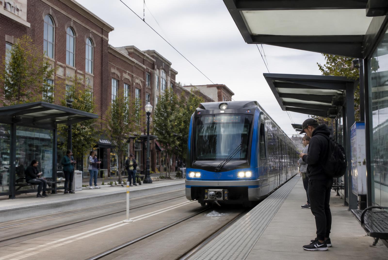 A LYNX Blue Line light rail train at a South End Charlotte station platform