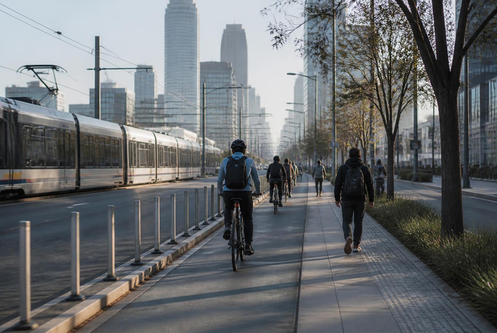 Morning commuters cycling and walking a protected lane beside the South End light rail