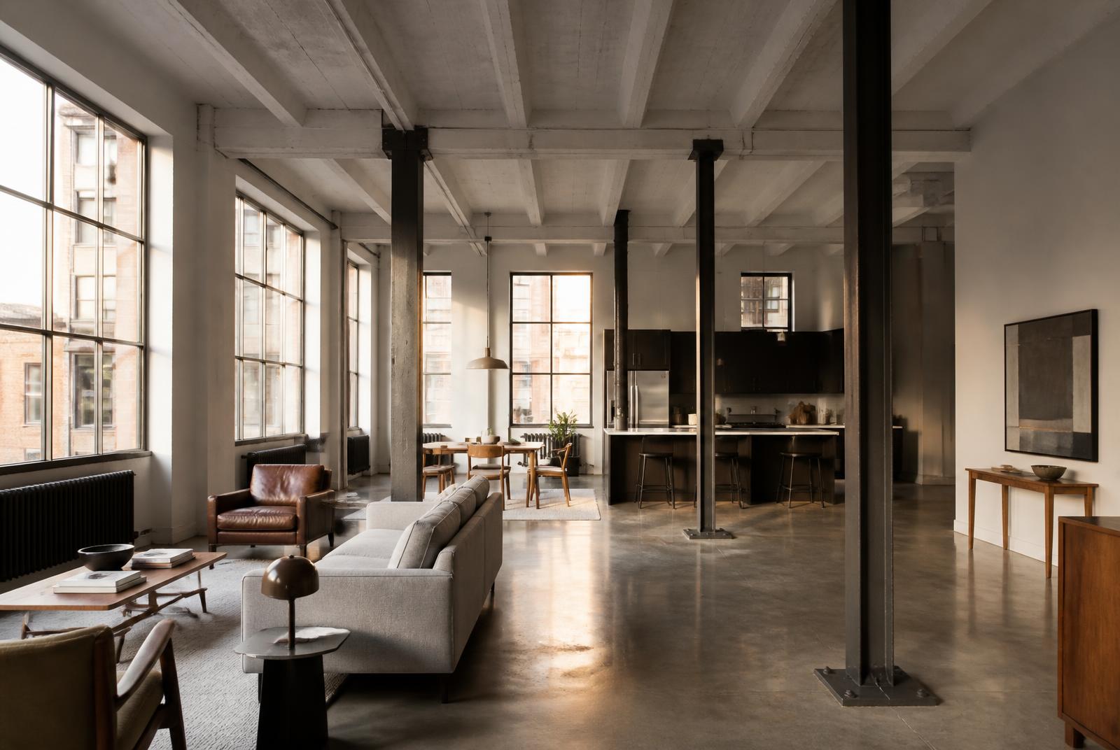 Converted warehouse loft living room with concrete floors and steel columns