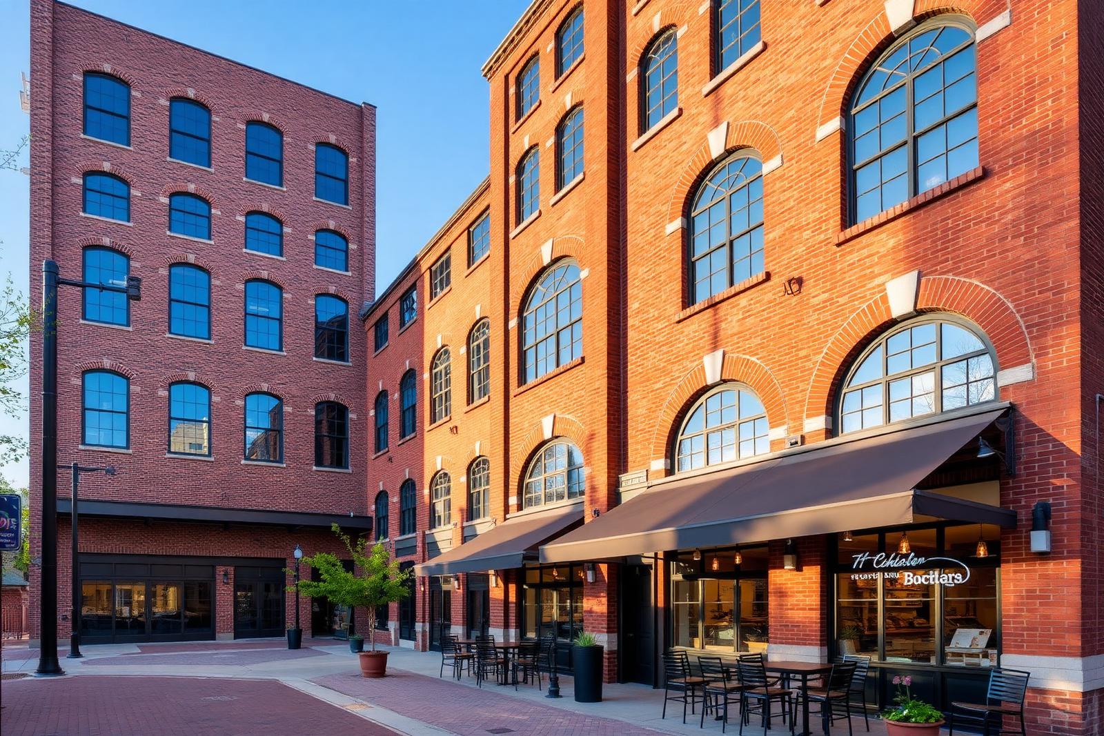 Restored brick textile mill in South End Charlotte with shops at street level
