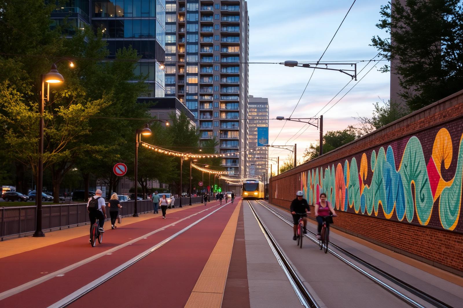The Charlotte Rail Trail at dusk with cyclists and murals