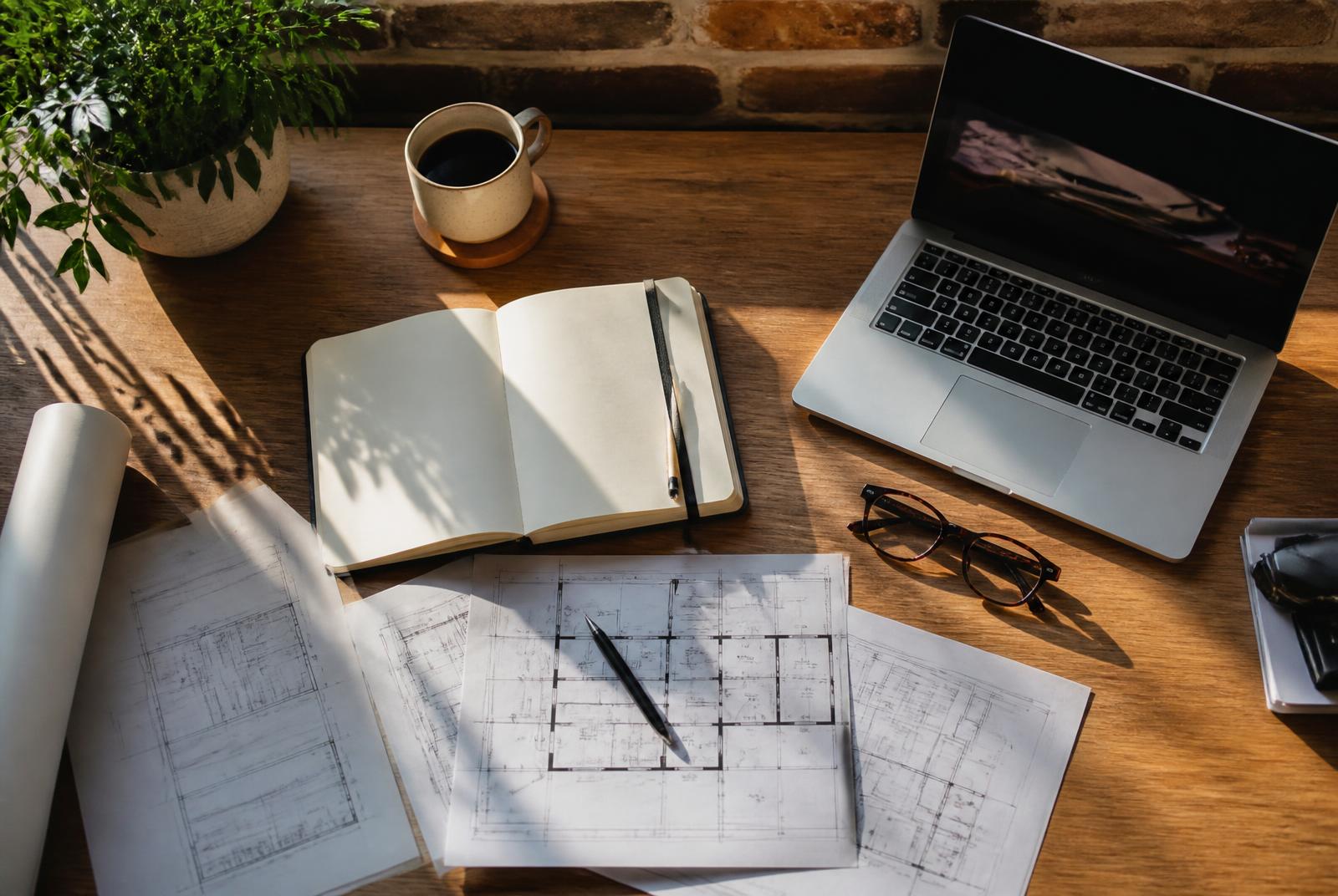 Desk with floor plans, notebook, and laptop used for South End Charlotte market research