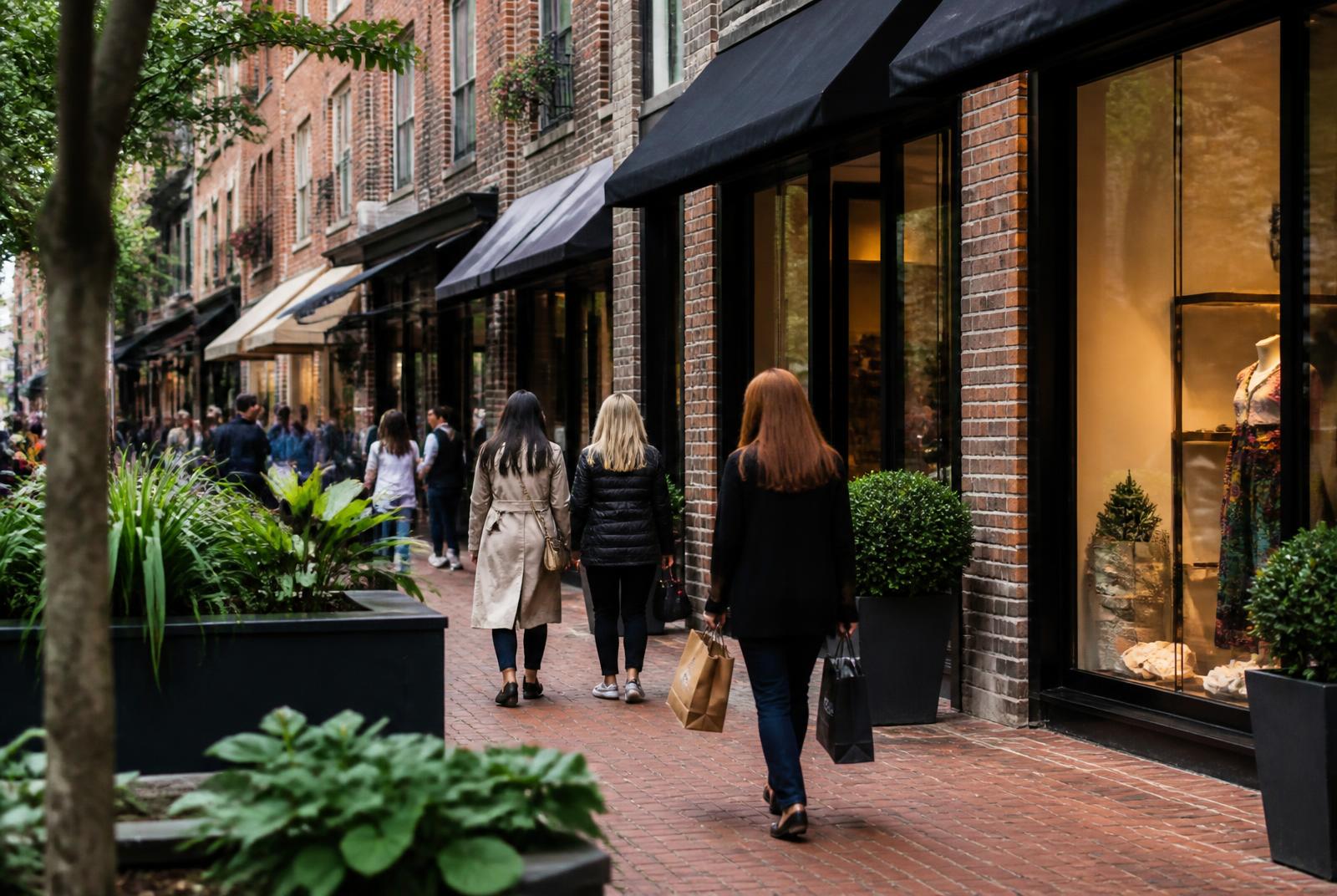 Boutique storefronts along a South End Charlotte shopping block