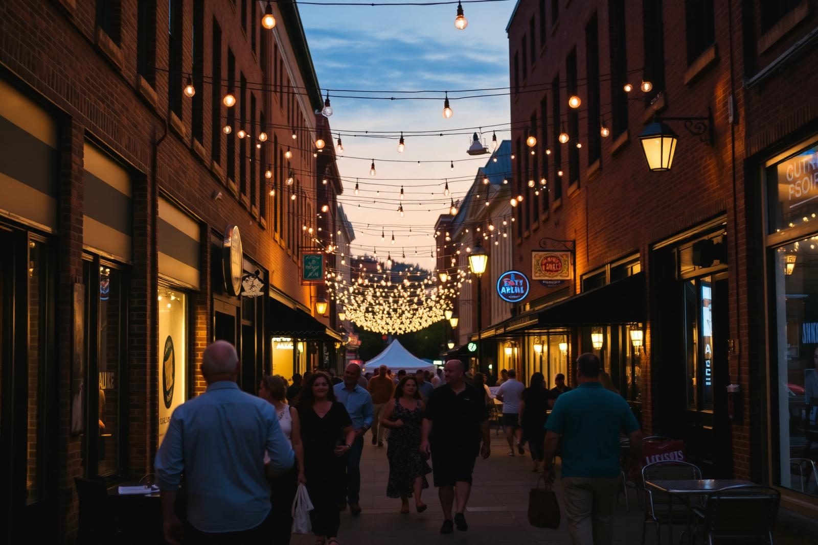 Pedestrians on a South End Charlotte street with shops and string lights