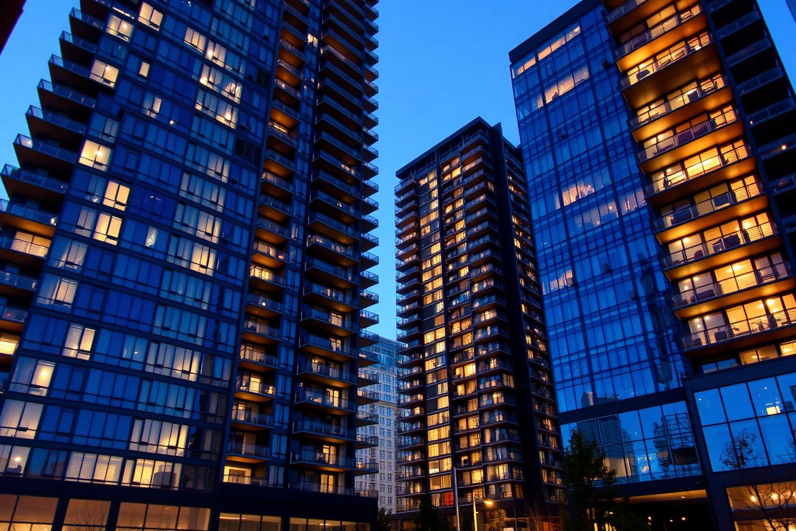 Residential towers in South End Charlotte at blue hour