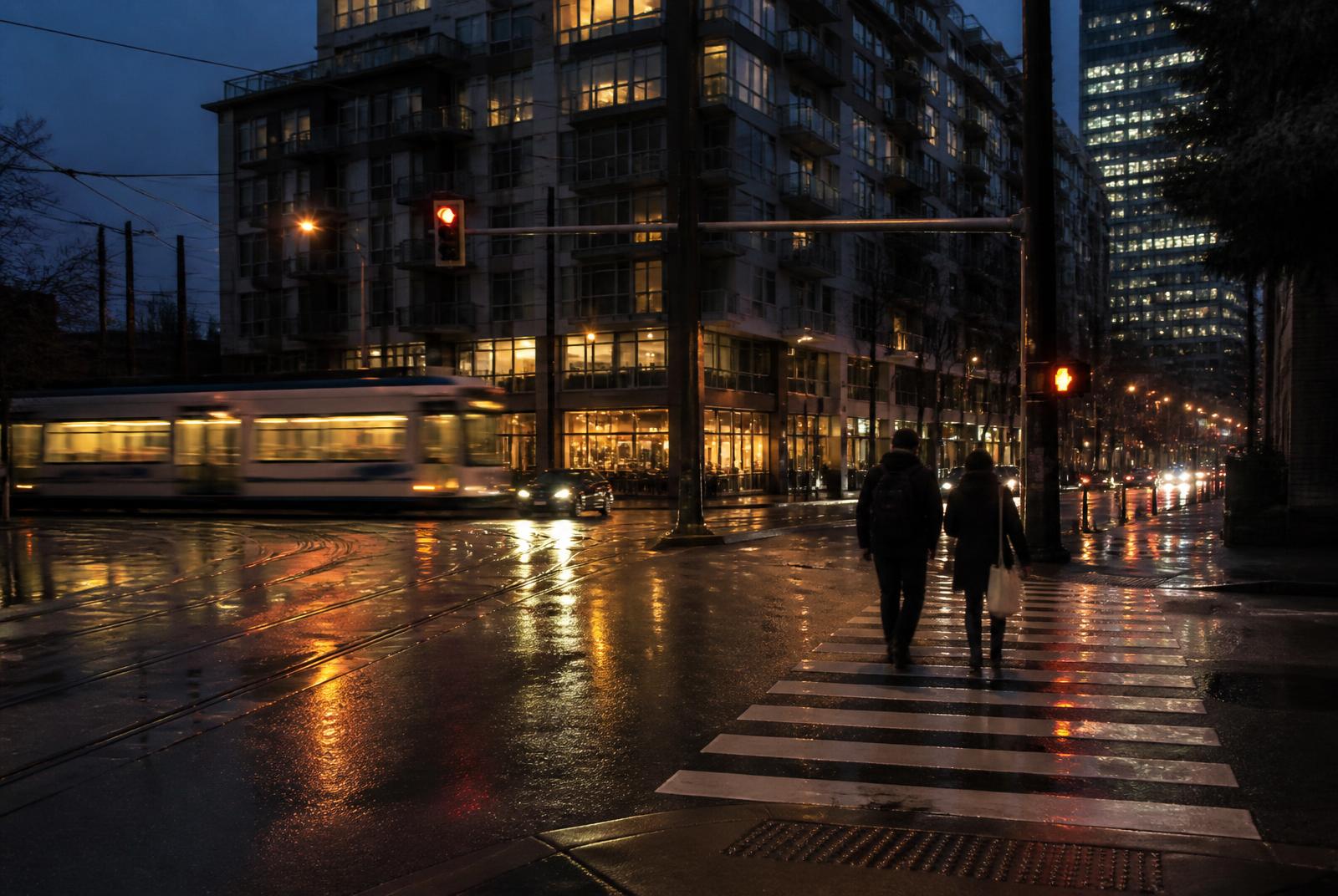 South End Charlotte crosswalk at twilight with a passing light rail train